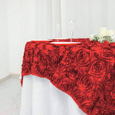 Satin 72"x72" Table Overlay Square Tablecloth Red - 3D Rosette Table Cover - Linen Luxes