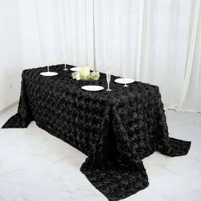 Satin 90"x132" Rectangle Tablecloth Black - Grandiose 3D Rosette Design with Seamless Finish for Graceful Gatherings - Linen Luxes
