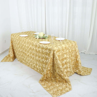 Satin 90"x132" Rectangle Tablecloth Champagne - Grandiose 3D Rosette Seamless Table Cover - Linen Luxes