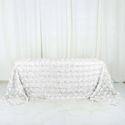 Satin 90"x132" Rectangle Tablecloth White - Grandiose 3D Rosette Design with Seamless Finish for Graceful Gatherings - Linen Luxes