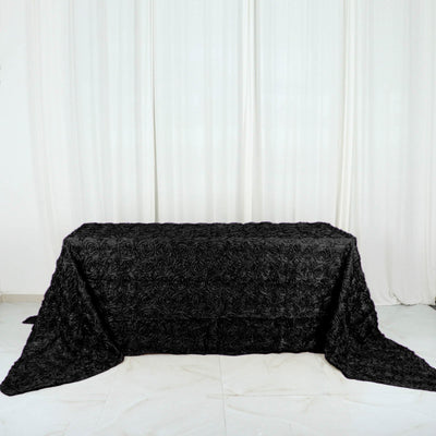 Satin 90"x156" Rectangle Tablecloth Black - Grandiose 3D Rosette Table Cover with Seamless Finish - Linen Luxes