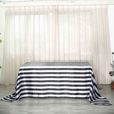 Satin 90"x156" Rectangle Tablecloth Black/White - Stripe Design with Seamless Finish Table Cover - Linen Luxes