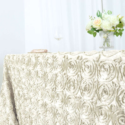 Satin 90"x156" Rectangle Tablecloth Ivory - Grandiose 3D Rosette Table Cover with Seamless Finish - Linen Luxes