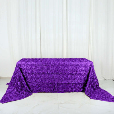Satin 90"x156" Rectangle Tablecloth Purple - Grandiose 3D Rosette Table Cover with Seamless Finish - Linen Luxes