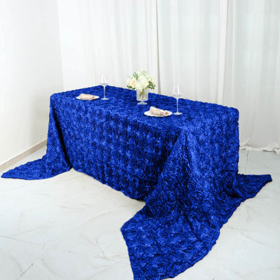 Satin 90"x156" Rectangle Tablecloth Royal Blue - Grandiose 3D Rosette Table Cover with Seamless Finish - Linen Luxes