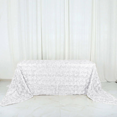 Satin 90"x156" Rectangle Tablecloth White - Grandiose 3D Rosette Design with Seamless Finish for Sophisticated Celebrations - Linen Luxes