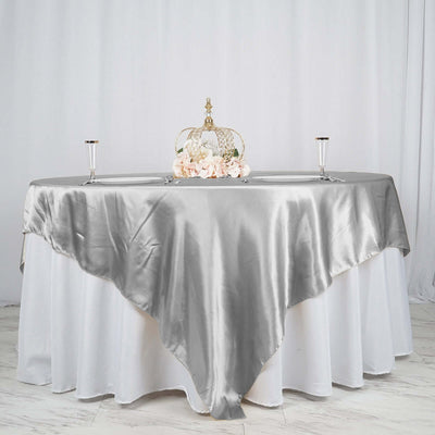 Satin 90"x90" Table Overlay Square Tablecloth Silver - Smooth Finish Table Topper - Linen Luxes