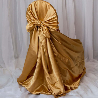 Satin Chair Cover Self - Tie Universal Design Gold - Durable Slip - On Cover for Folding, Dining, Banquet & Standard Chairs - Linen Luxes
