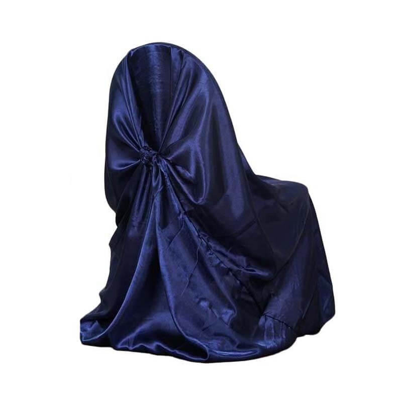 Satin Chair Cover Self - Tie Universal Design Navy Blue - Durable Slip - On Cover for Folding, Dining, Banquet & Standard Chairs - Linen Luxes