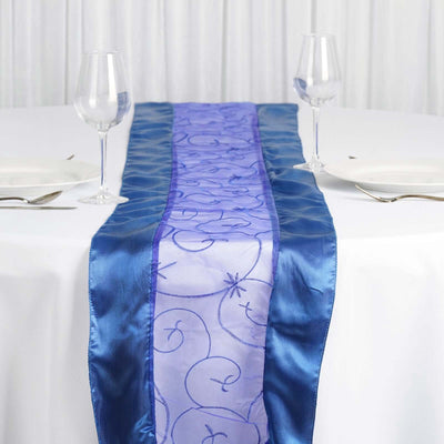 Satin Organza 14"x108" Table Runner Royal Blue Embroidered Design - Sheer & Stylish for Luxurious Table Settings - Linen Luxes