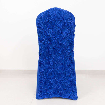 Satin Rosette Chair Cover for Banquet Chairs Royal Blue - Stretch Fitted Slip - On Slipcover - Linen Luxes