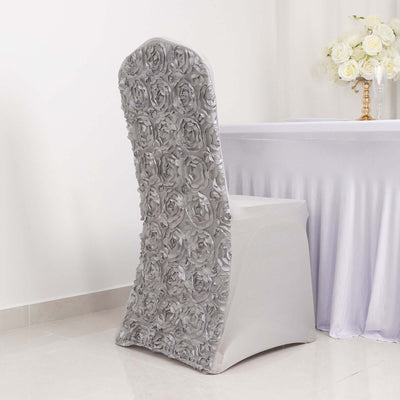 Satin Rosette Chair Cover for Banquet Chairs Silver - Stretch Fitted Slip - On Slipcover - Linen Luxes