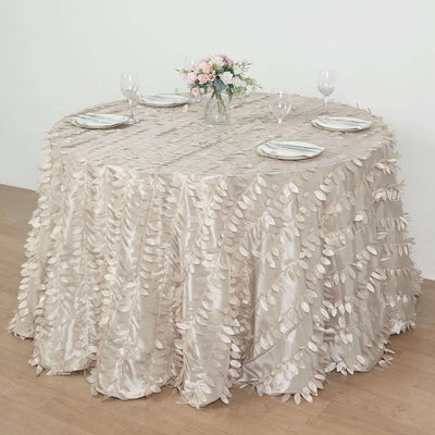Taffeta 120" Round Tablecloth Beige | 3D Leaf Petal Design Seamless Table Cover for Chic Wedding & Event Decor