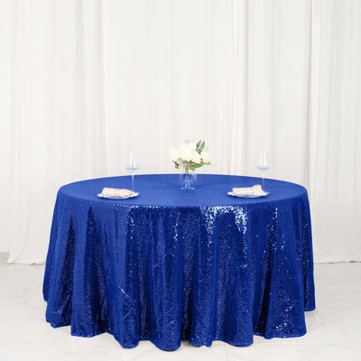 Sequin 120" Round Tablecloth Royal Blue - Seamless Glittering Table Cover - Linen Luxes