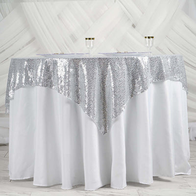 Sequin 60"x60" Table Overlay Square Tablecloth Silver - Luxe Wedding Table Topper - Linen Luxes