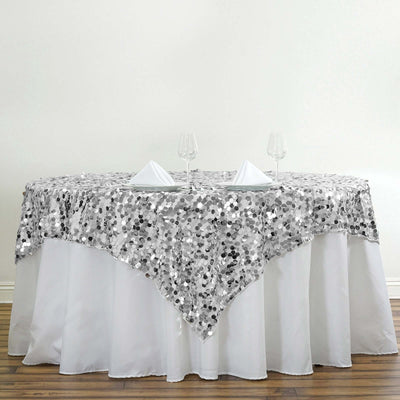 Sequin 72"x72" Table Overlay Square Tablecloth Silver - Big Payette Table Cover - Linen Luxes