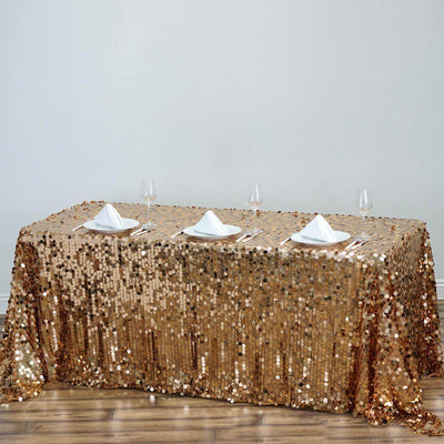 Sequin 90"x132" Rectangle Tablecloth Gold - Seamless Big Payette Design for Sophisticated Occasions - Linen Luxes