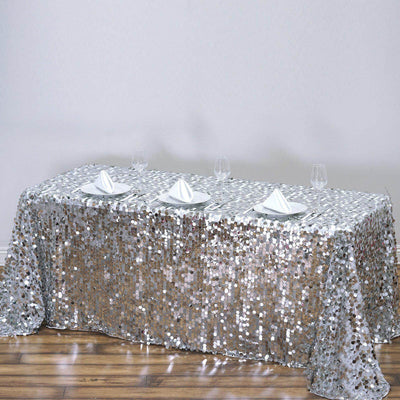 Sequin 90"x132" Rectangle Tablecloth Silver - Seamless Big Payette Table Cover - Linen Luxes