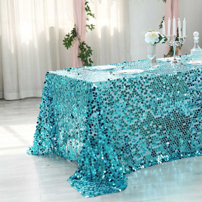 Sequin 90"x132" Rectangle Tablecloth Turquoise - Seamless Big Payette Table Cover - Linen Luxes