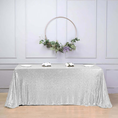 Sequin 90"x156" Rectangle Tablecloth Silver - Seamless Twinkling Table Cover - Linen Luxes