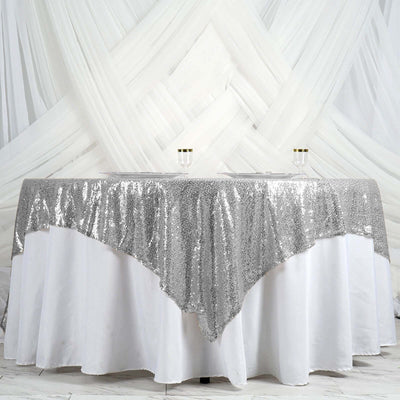 Sequin 90"x90" Table Overlay Square Tablecloth Silver - Sparkly Table Cover - Linen Luxes