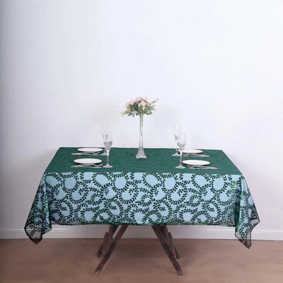 Tulle 72"x72" Table Overlay Square Tablecloth Hunter Emerald Green - Sequin Leaf Embroidered Table Topper