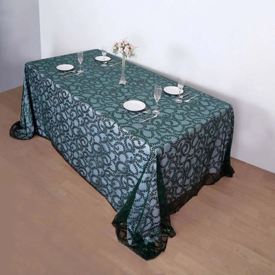 Tulle 90"x156" Rectangle Tablecloth Hunter Emerald Green - Sequin Leaf Embroidered Table Cover