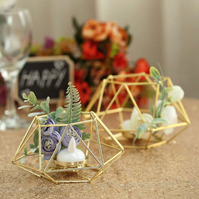 Set of 2 Candle Holders Metal Hexagon Geometric Design Gold - Modern Decorative Centerpieces for Tables 4"x3" - Linen Luxes