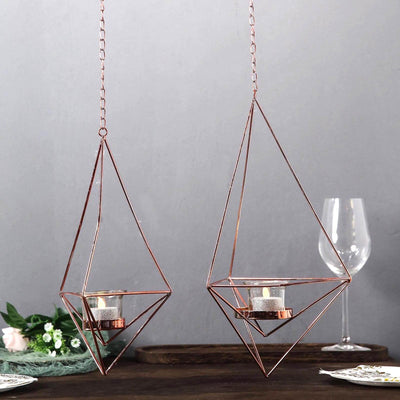 Set of 2 Hanging Tealight Candle Holders Rose Gold Metal Diamond Geometric Open Frame - Flower Terrariums 12", 15" - Linen Luxes