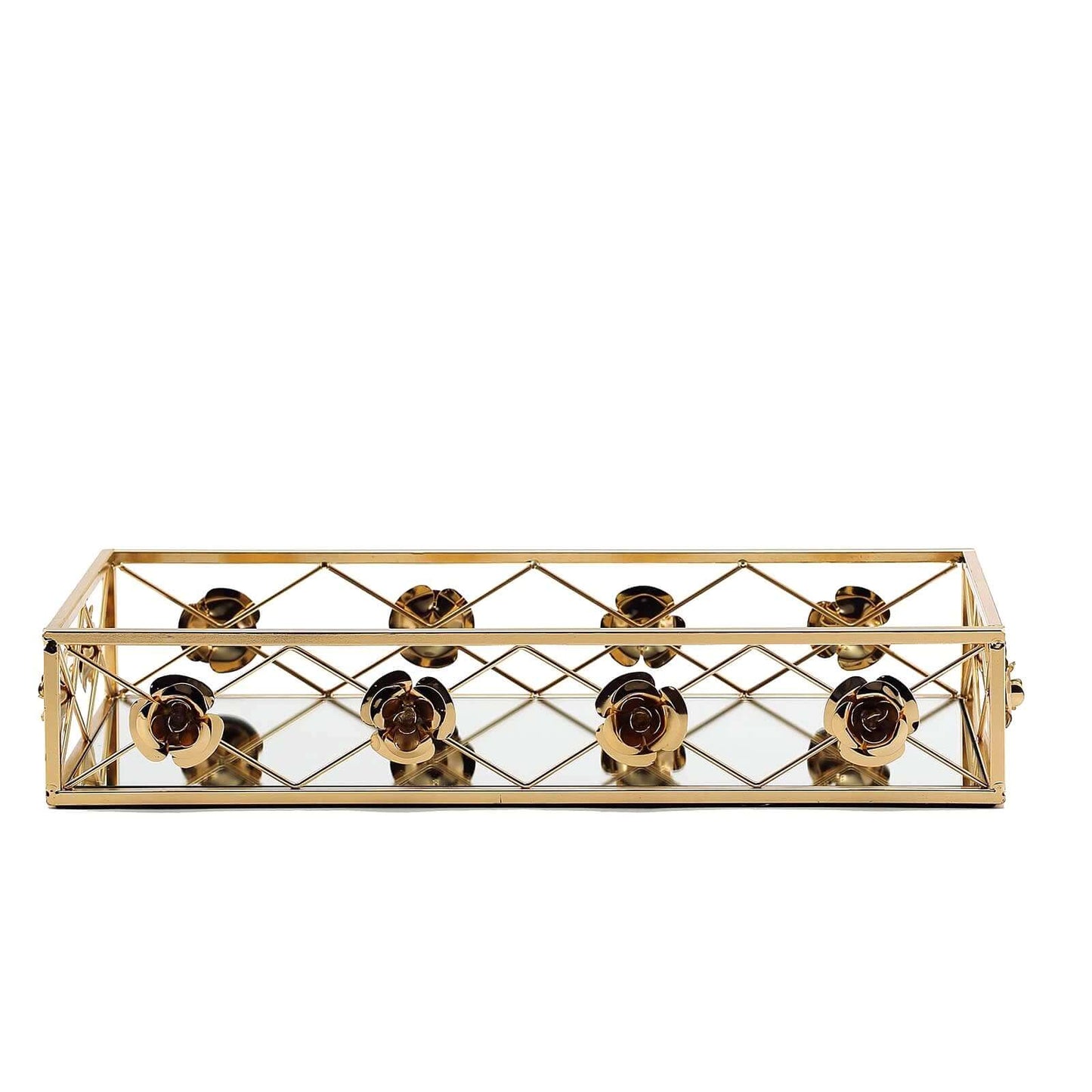 Set of 2 Metal Mirrored Rectangle Serving Trays in Gold with Rose Borders, Glamorous Decorative Vanity Tray Centerpiece 15"x8", 19"x12" - Linen Luxes