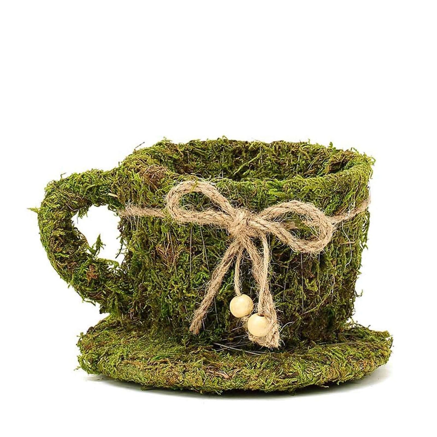 Set of 2 Teacup Shaped Planter Boxes Preserved Moss with Twine Green - Flower Basket Centerpieces 5", 4" - Linen Luxes
