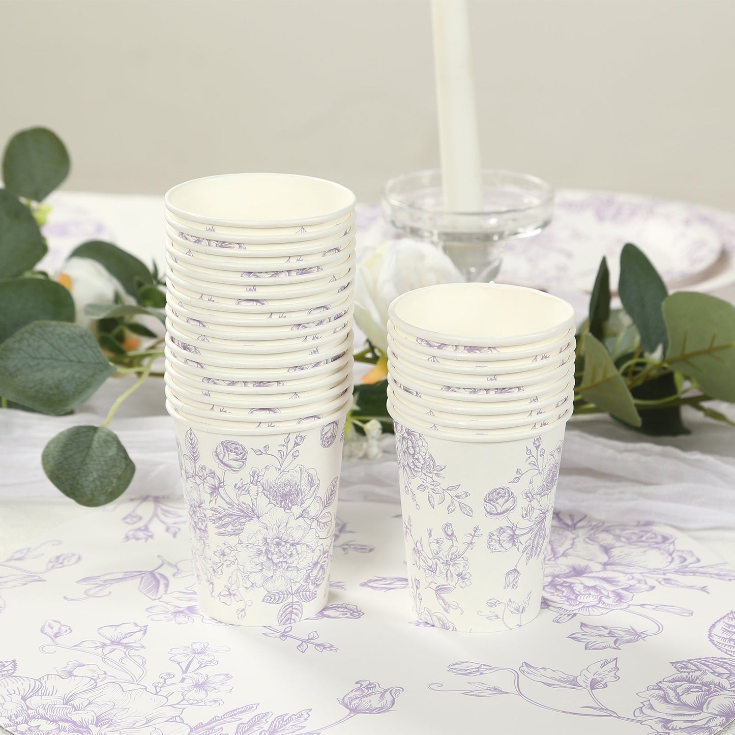 24-Pack Paper Cups in White with Lavender Lilac French Toile Print - Stylish Disposable Floral Party Cups for Weddings & All Purpose Use 9oz
