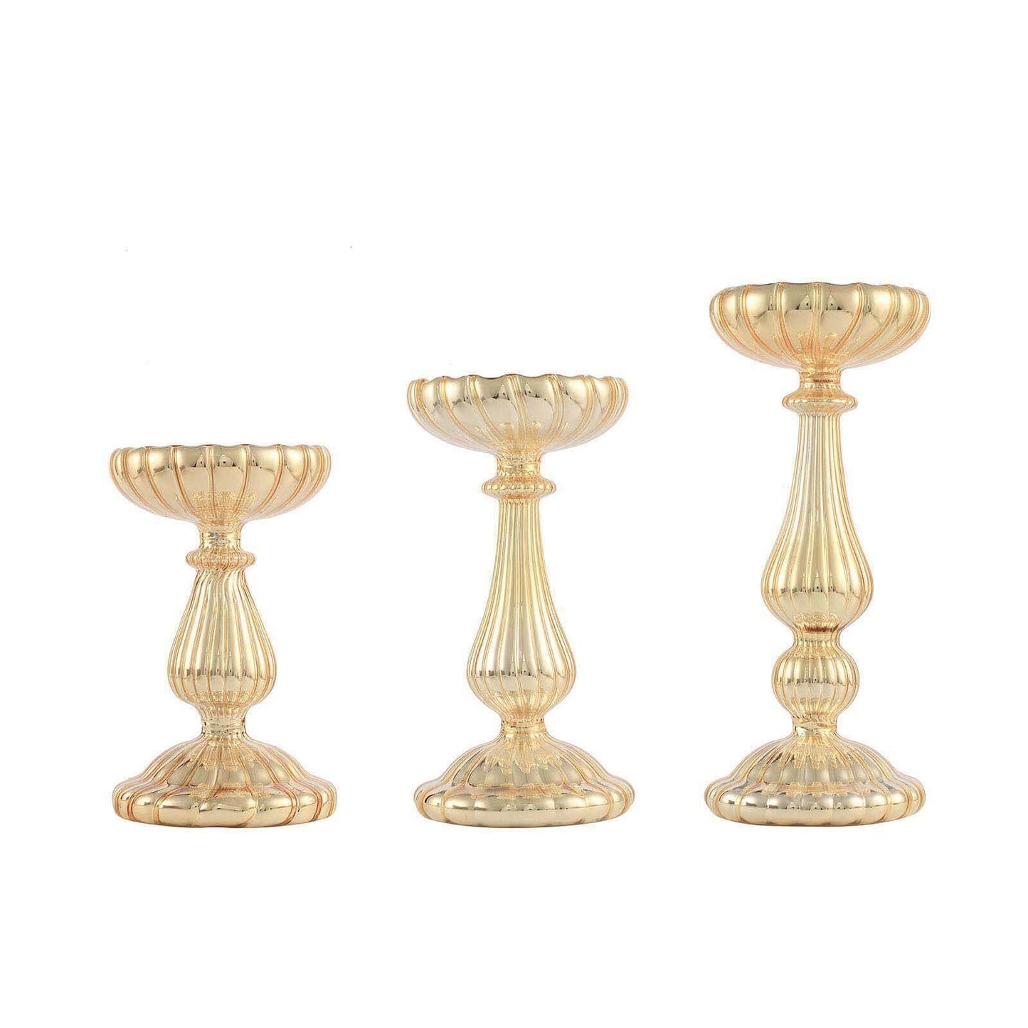 Set of 3 Candle Holder Stands Gold Mercury Glass Pillar Design - Stylish Votive Centerpieces for Tables & Decor 7", 8", 10" - Linen Luxes