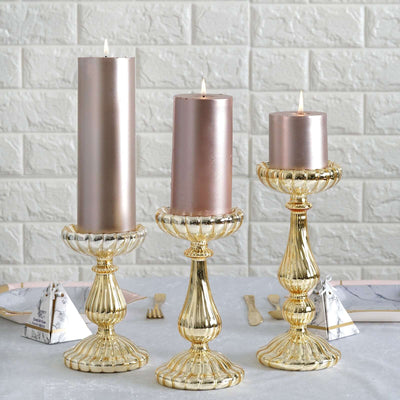 Set of 3 Candle Holder Stands Gold Mercury Glass Pillar Design - Stylish Votive Centerpieces for Tables & Decor 7", 8", 10" - Linen Luxes