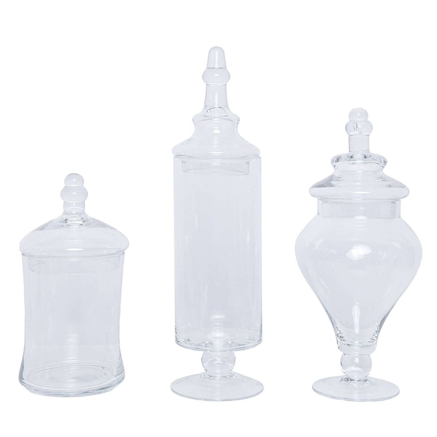 Set of 3 Glass Candy Jars Modern Apothecary Design Clear with Snap - On Lids - Stylish Party Favor Containers 9"/13"/14" - Linen Luxes