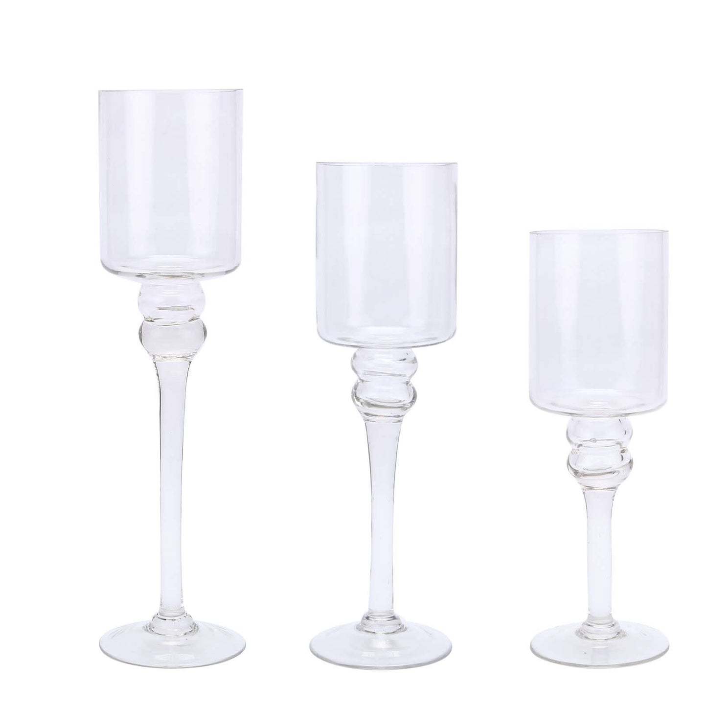 Set of 3 Glass Cylinder Vases Long Stem Clear - Decorative Candle Holder Floral Centerpieces 12", 14", 16" - Linen Luxes