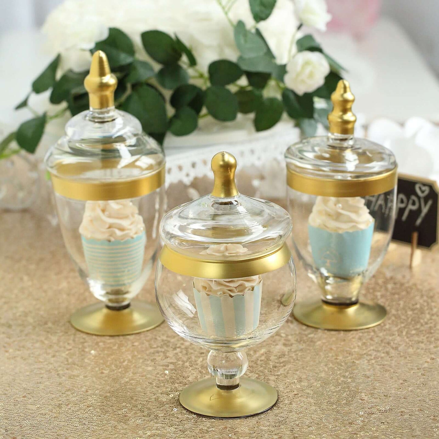 Set of 3 Glass Jars Apothecary Design Clear with Gold Trim and Snap - On Lids - Stylish Decorative Candy Buffet Storage 8.5", 9", 10" - Linen Luxes