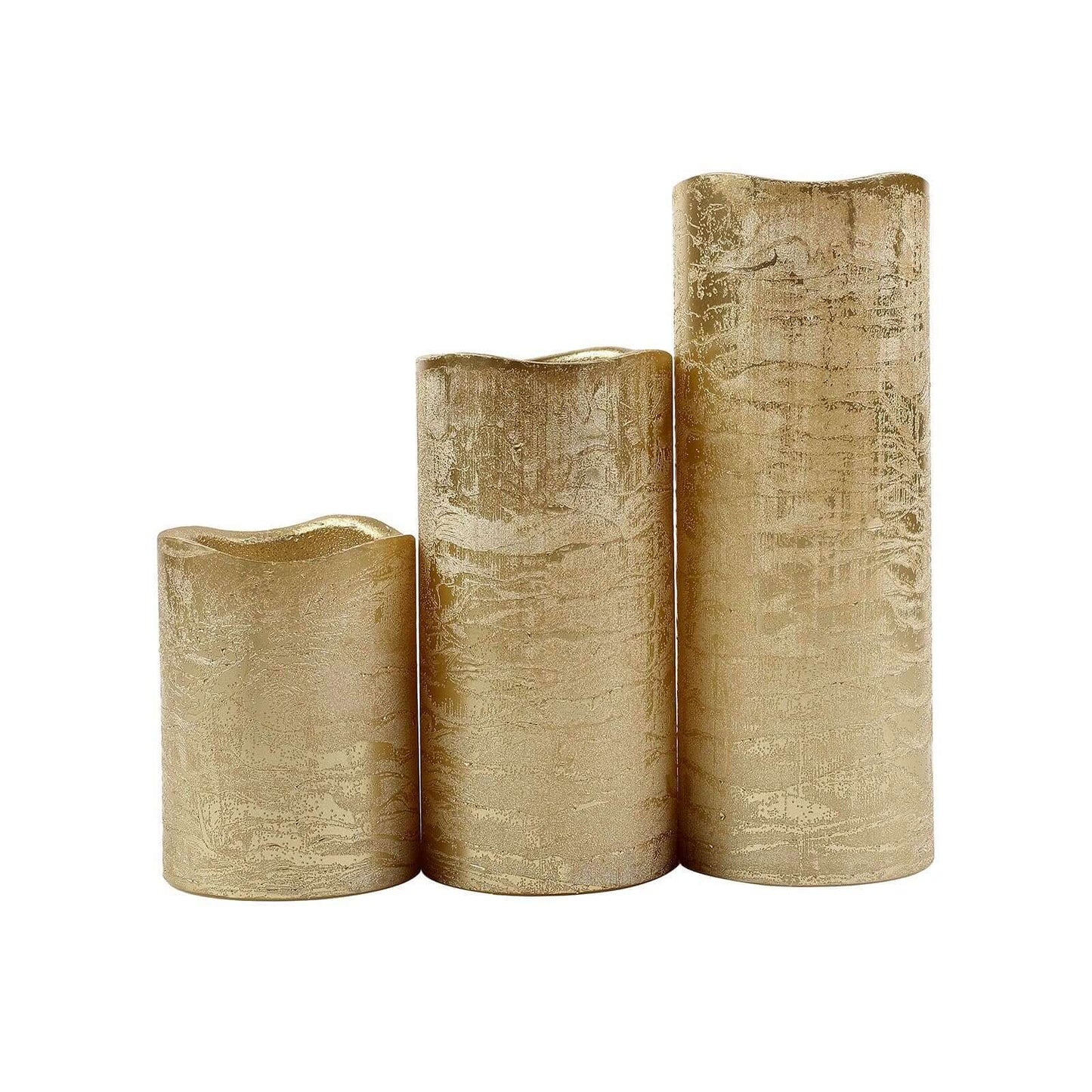 Set of 3 LED Flameless Pillar Candles Remote Operated Metallic Gold - Battery Powered 4", 6", 8" - Linen Luxes