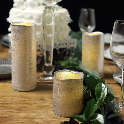 Set of 3 LED Flameless Pillar Candles Remote Operated Metallic Silver - Battery Powered 4", 6", 8" - Linen Luxes