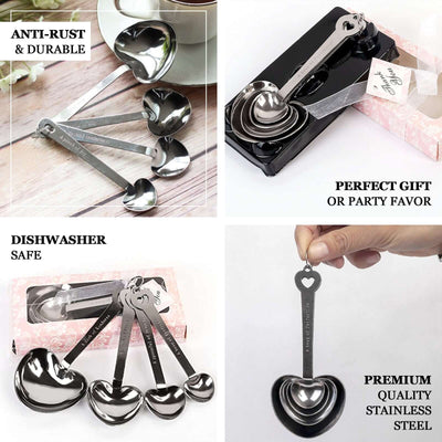 Set of 4 Engraved Silver Heart Measuring Spoon Wedding Party Favors Set, Free Gift Box & Thank You Tag Included - Linen Luxes