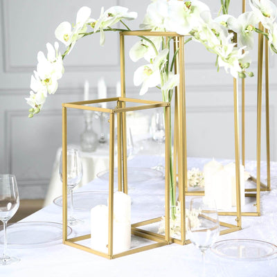 Set of 4 Metal Flower Stands Frame Wedding Column Centerpieces Matte Gold - Durable Display 16"/24"/32"/40" - Linen Luxes