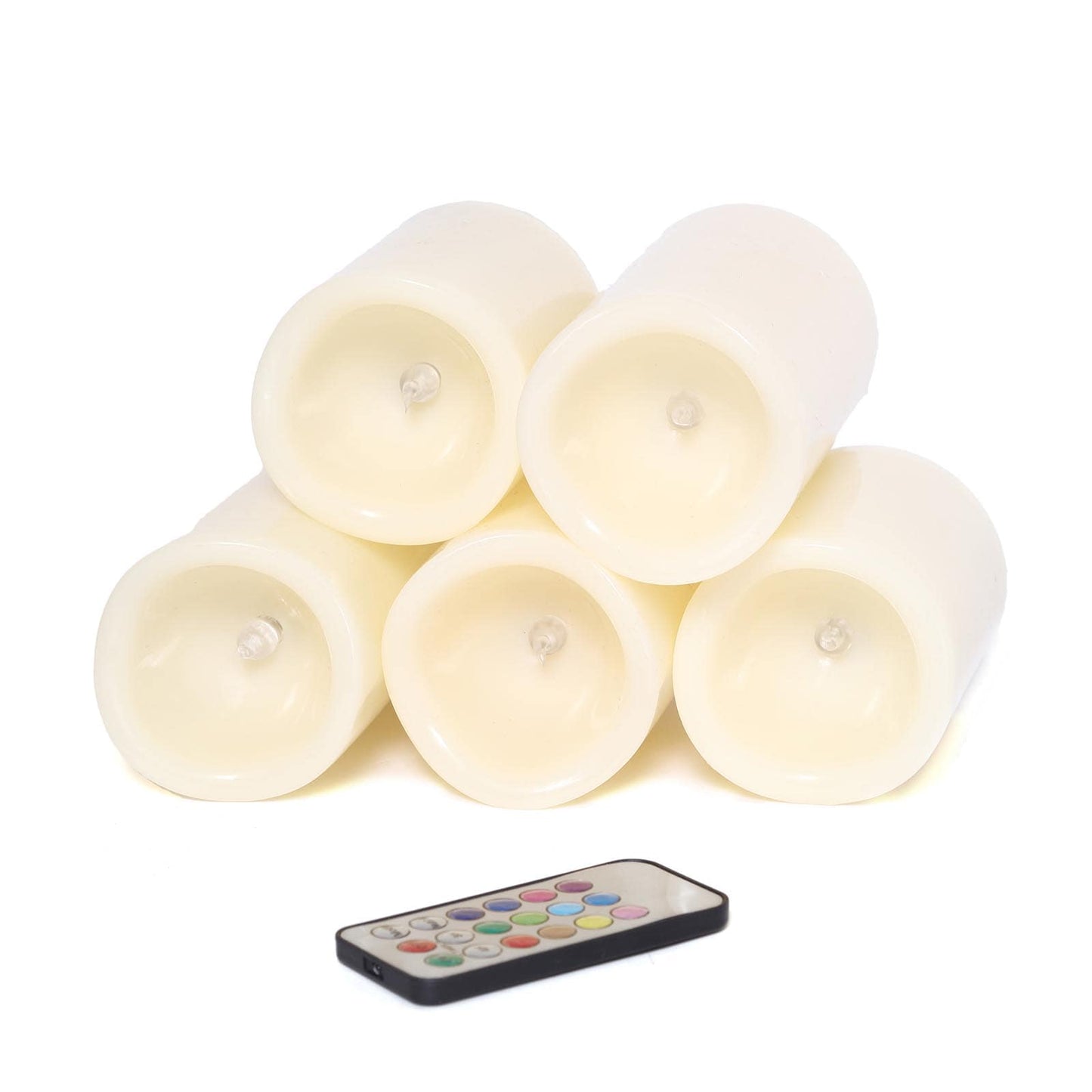 Set of 5 LED Flickering Pillar Candles Color Changing Ivory with Remote - Battery Operated 4", 5", 6" - Linen Luxes