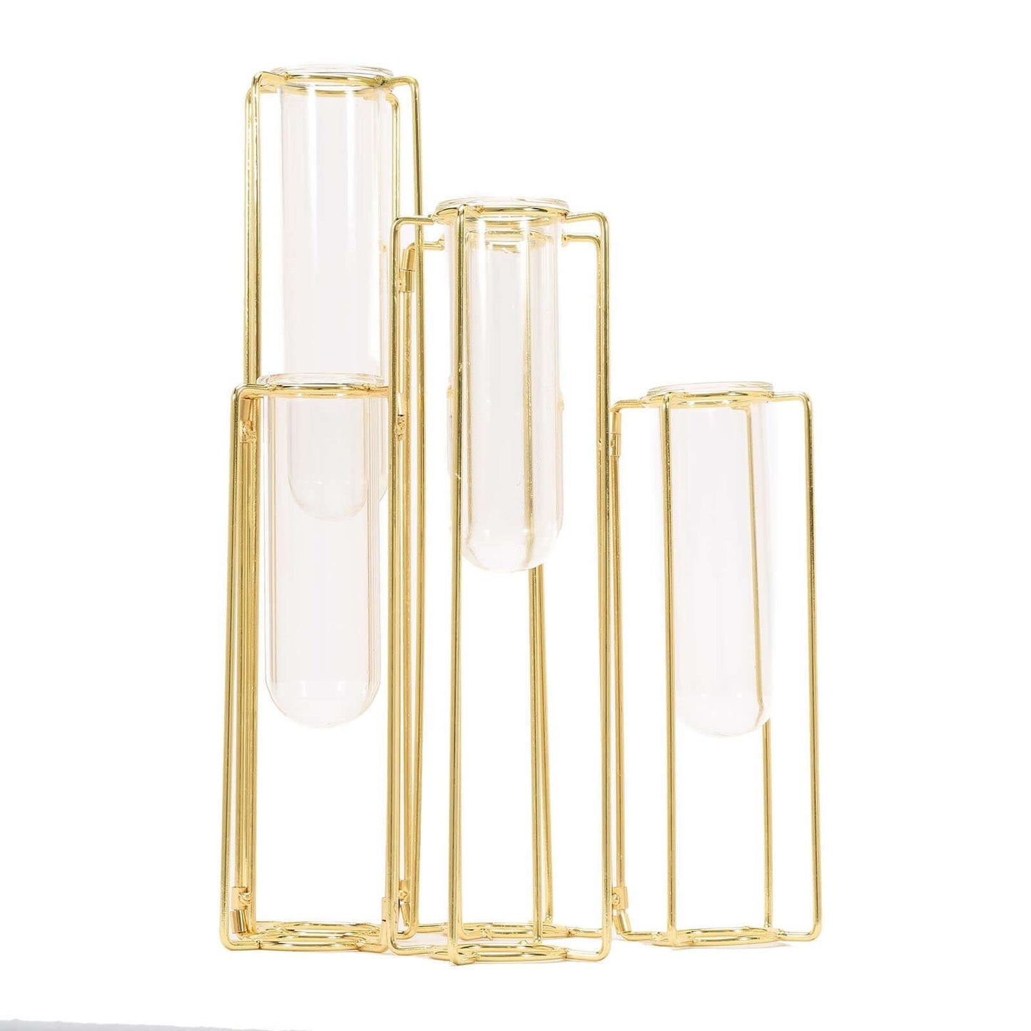 Set of 5 Wedding Centerpieces Gold Frame Conjoined Geometric Design - Test Tube Hydroponic Vases 12" - Linen Luxes