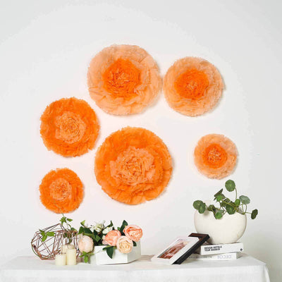 Set of 6 Coral Orange Carnation 3D Paper Flowers Wall Decor - 7",9",11" - Linen Luxes