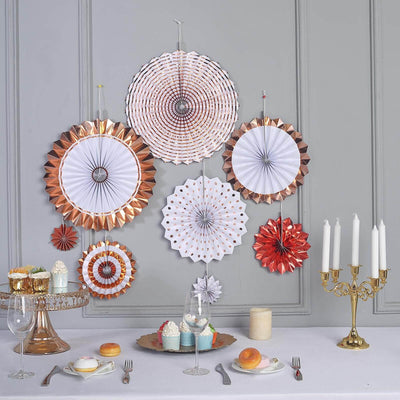 Set of 8 Gold Rose Gold Hanging Paper Fan Decorations, Pinwheel Wall Backdrop Party Kit - 4", 8", 12" - Linen Luxes