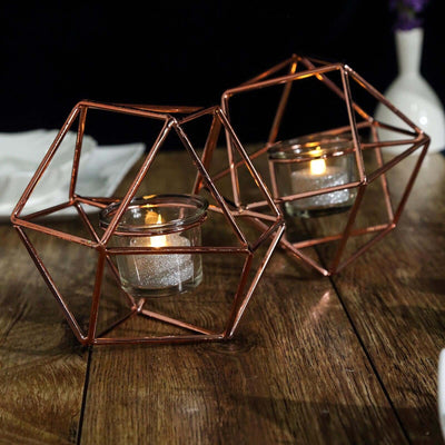 Set of Metal Candle Holders Linked Geometric Design Rose Gold - Modern Table Decor with Votive Glass for Gatherings 11" - Linen Luxes
