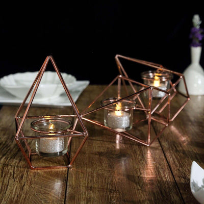 Set of Metal Candle Holders Linked Geometric Design Rose Gold - Modern Votive Glass Decor for Tables & Gatherings 16" - Linen Luxes