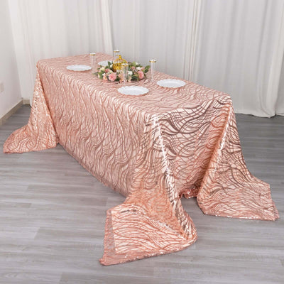 Mesh 90"x156" Rectangle Tablecloth Rose Gold - Wave Sequin Embroidered Table Cover