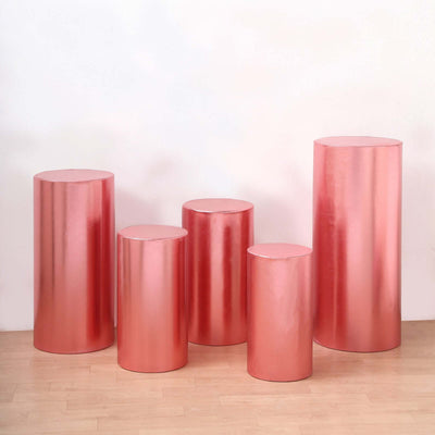 Set of 5 Metallic Rose Gold Spandex Cylinder Pedestal Stand Covers, Shiny Stretchable Pillar Prop Covers - 130 GSM