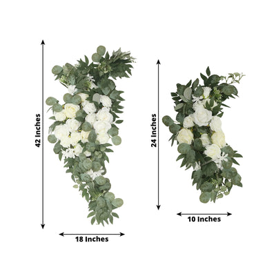 Set of 2 Silk Rose Floral Swag Wedding Arch Flowers in White with Eucalyptus Leaves, Large Artificial Flower Arrangement Garlands - 24",42"